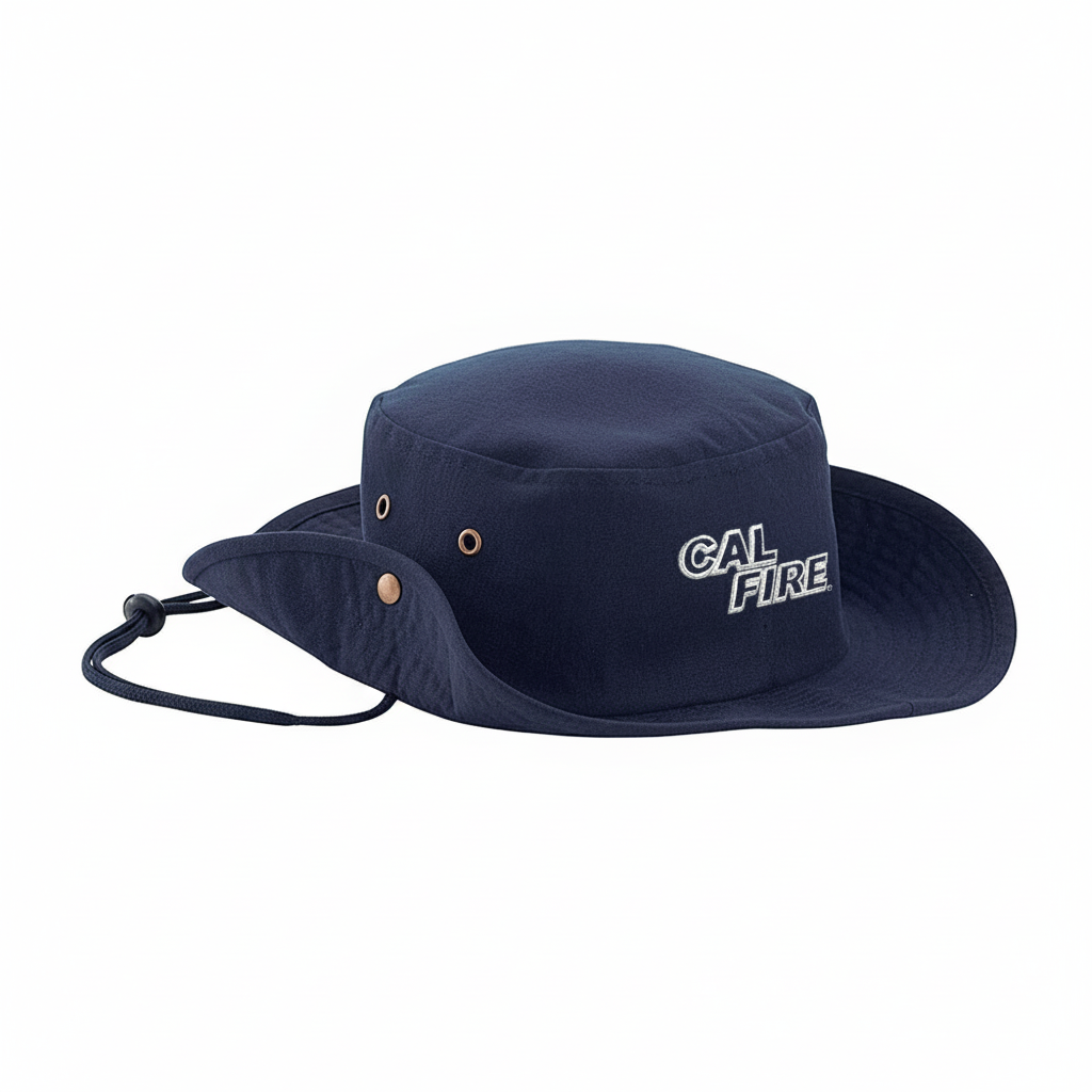 Tactical boonie hat in midnight navy with white CAL FIRE text - side angle view displaying wide brim, ventilation eyelets, and tactical construction