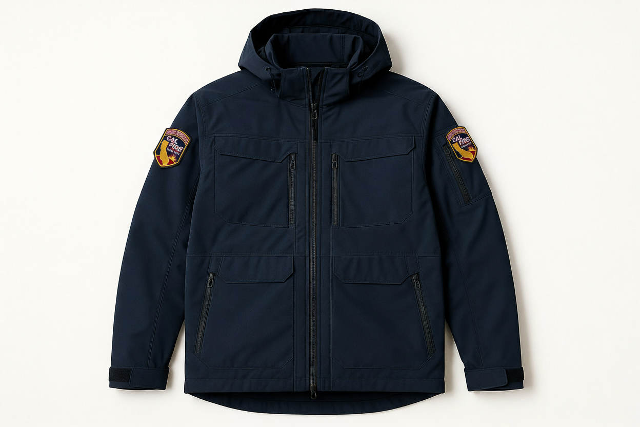 CAL FIRE 5.11 Valiant Jacket navy product shot waterproof tactical jacket with official department shoulder patches professional duty wear