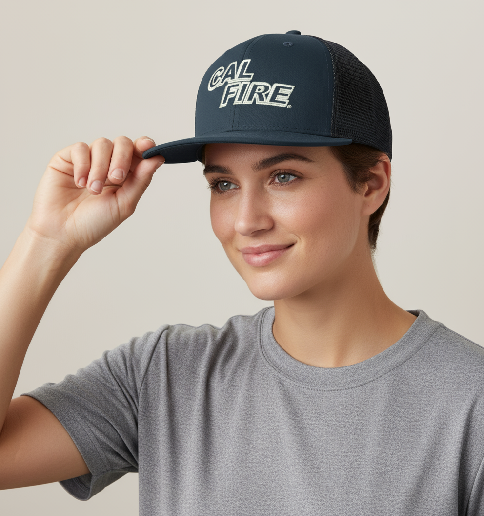 Person wearing Richardson PTS 20 Mesh Trucker Hat in midnight navy with white CAL FIRE text showing comfortable fit and breathable design for hot weather