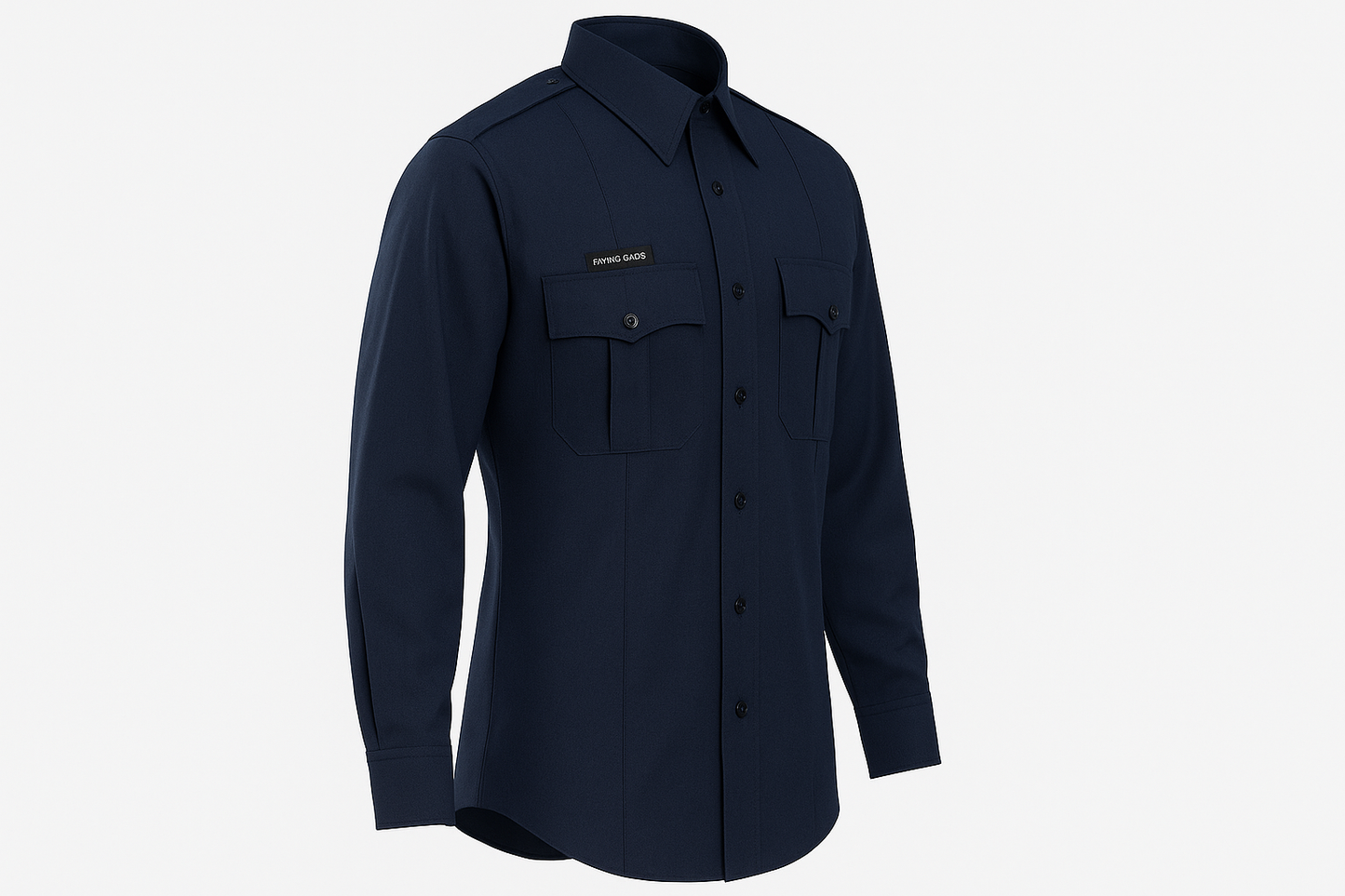 Flying Cross Long Sleeve Wool Shirt in midnight navy side angle view displaying professional drape, full sleeve length, and premium wool tropical weave construction