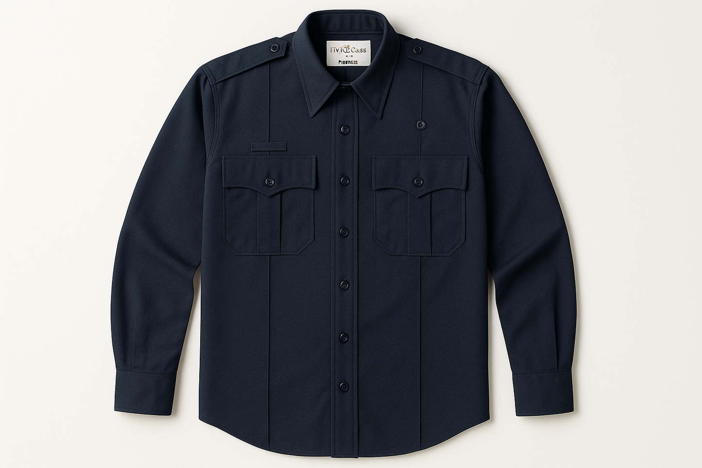Flying Cross Nomex Long Sleeve Shirt in midnight navy - front view showing fire-resistant construction, badge tabs, chest pockets with pointed flaps, seven-button placket, shoulder straps, and full sleeves