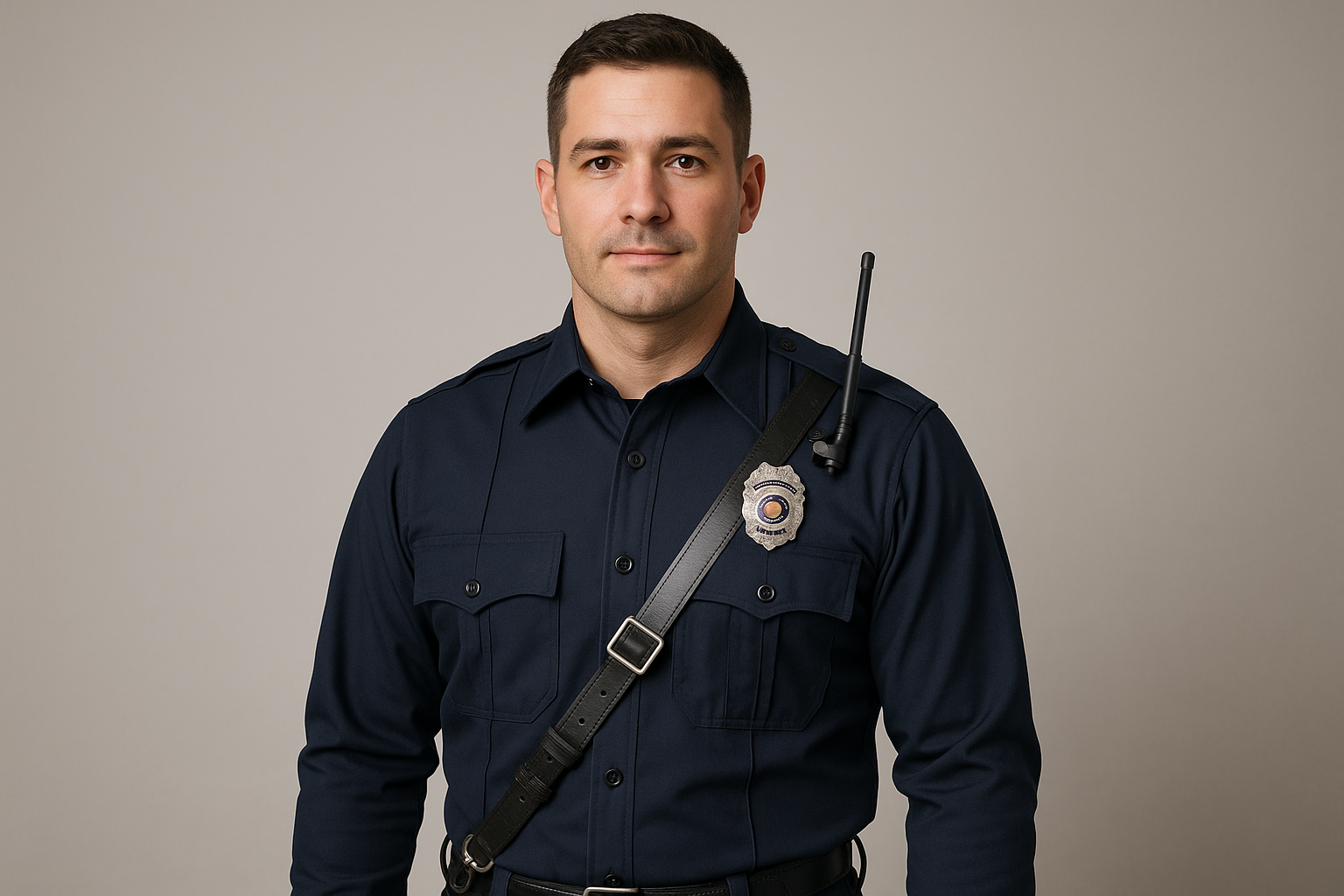 Firefighter wearing Flying Cross Nomex Long Sleeve Shirt in midnight navy with badge and radio strap showing professional fit, full arm coverage, and fire-resistant protection