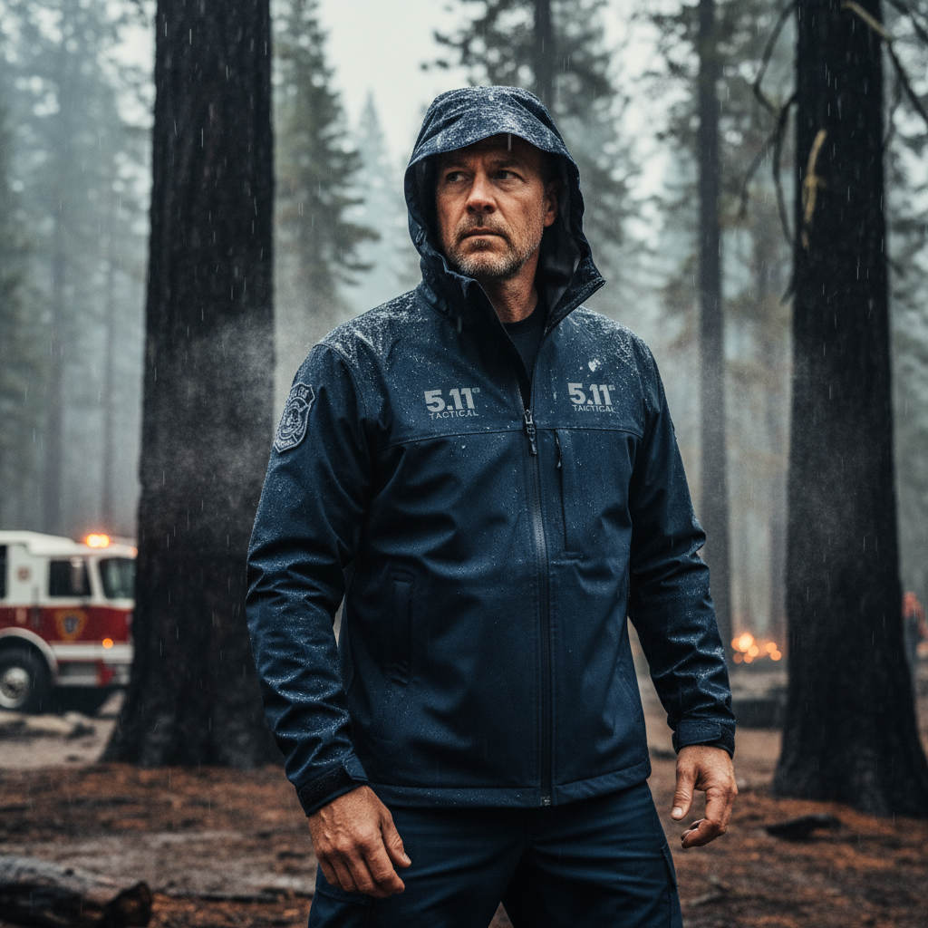 CAL FIRE professional wearing 5.11 Chameleon 2.0 Jacket in navy blue during outdoor field operations