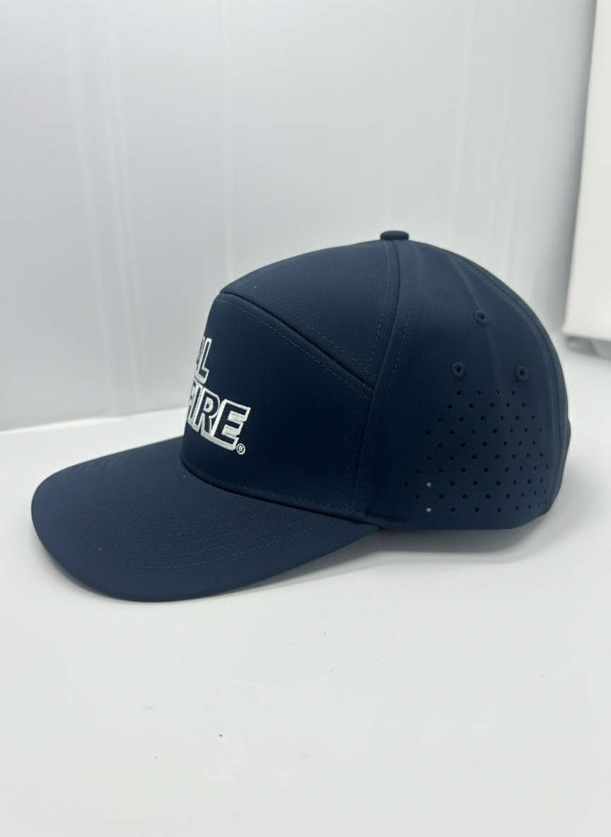 7 Panel Dome Athletic Hat in midnight navy with white CAL FIRE text - side angle view displaying dome shape and athletic construction