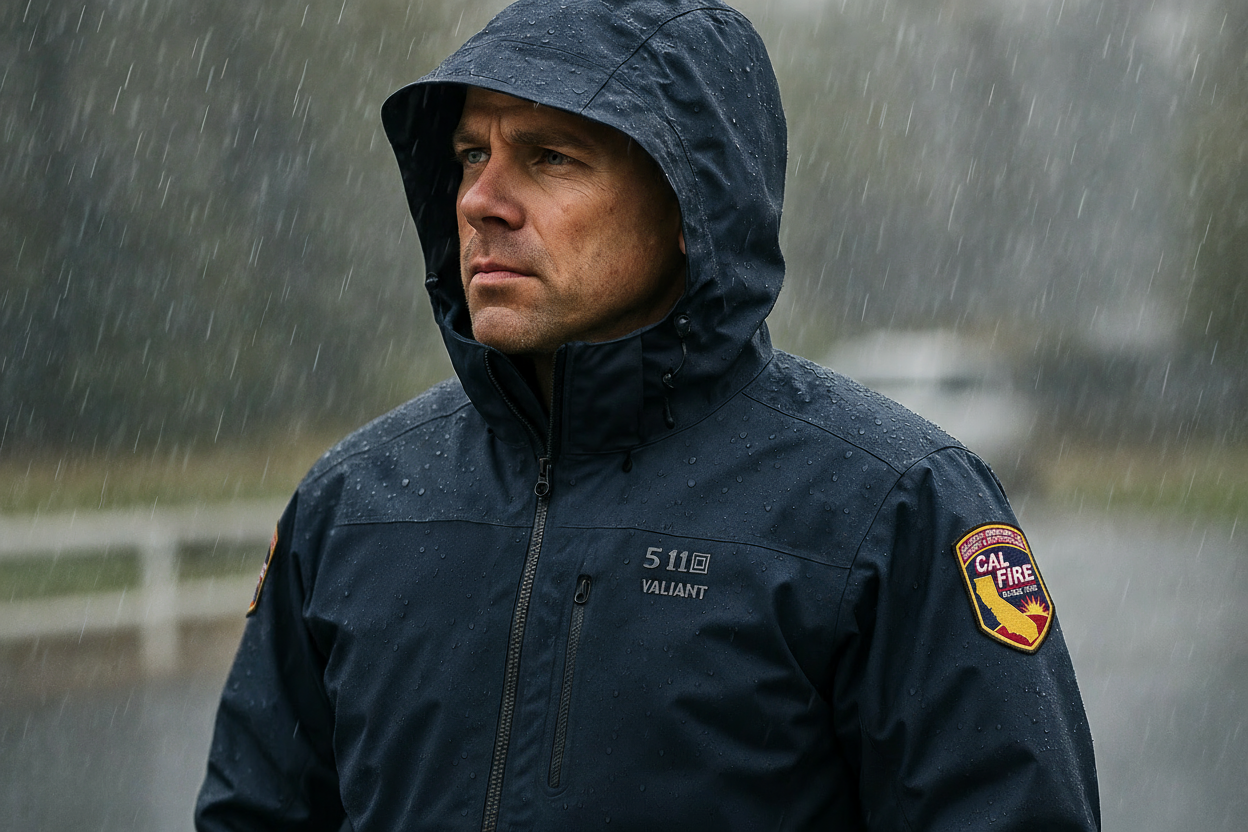 CAL FIRE 5.11 Valiant Jacket in rain showing waterproof protection with official shoulder patches all-weather performance