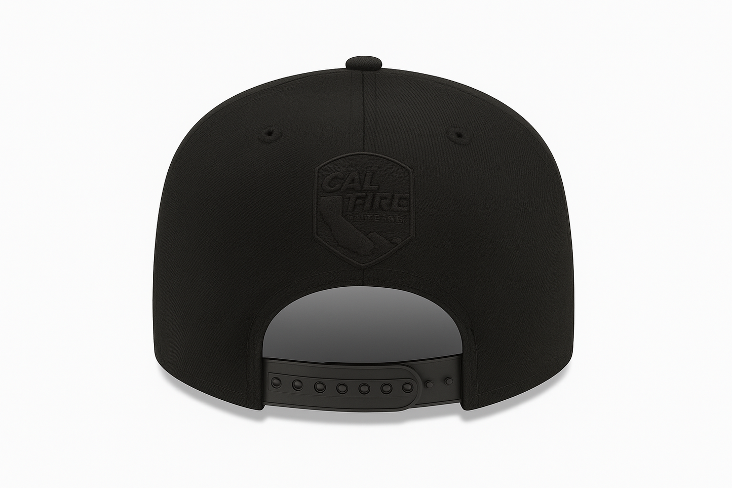 New Era 403 Snapback Hat in solid black with blacked-out CAL FIRE shield logo - back view showing snapback closure and structured construction