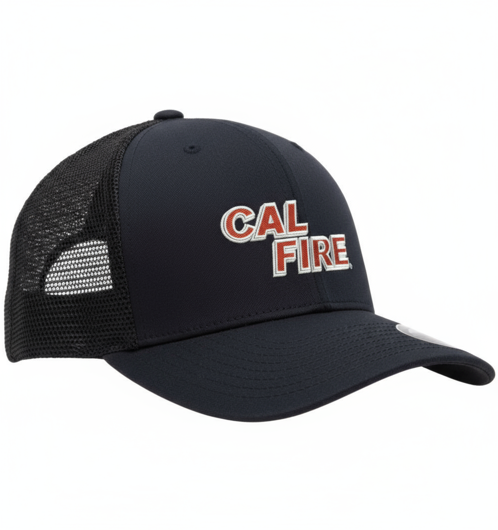 Flexfit 6511 Trucker Hat in midnight navy with red CAL FIRE text - side angle view displaying structured front and mesh back construction with Flexfit technology