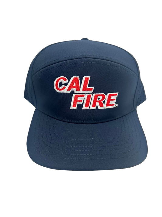 CAL FIRE 7-panel dome athletic hat front view with red embroidered text moisture-wicking performance cap