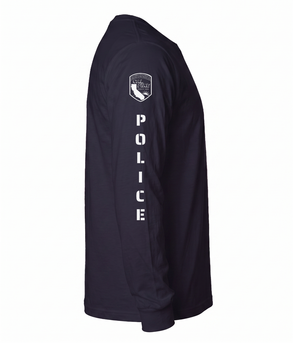 Side profile of the navy Independent Trading lightweight long-sleeve CAL FIRE Law Enforcement shirt showing the full sleeve print - the CAL FIRE shield on the shoulder above vertical POLICE lettering running down the arm