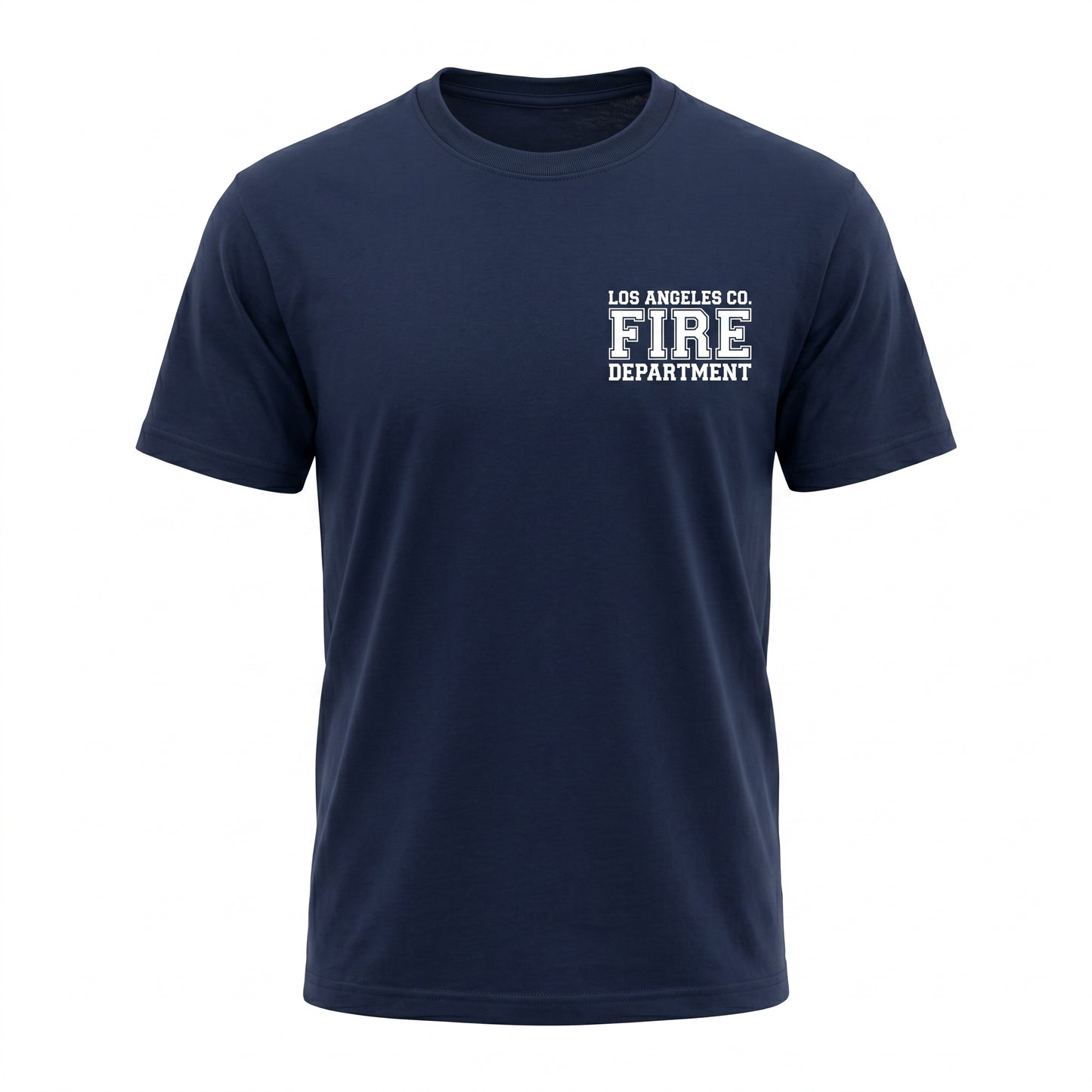 Los Angeles County Fire Department Independent men's short sleeve navy shirt, front view with left chest LACoFD logo