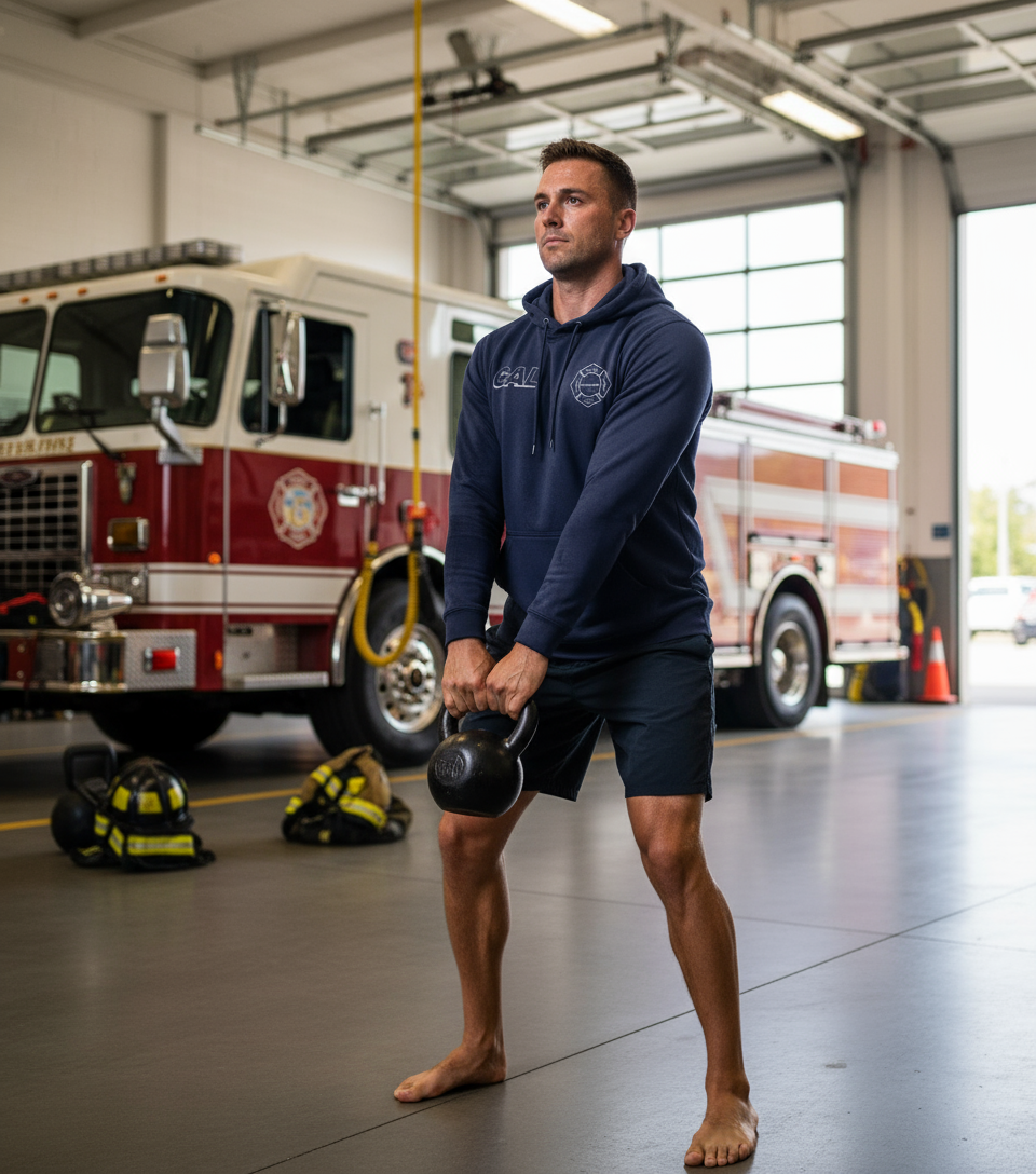 Cal Fire firefighter wearing performance sweatshirt during physical training workout