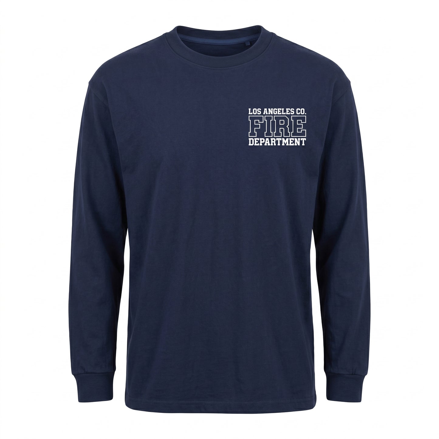 Los Angeles County Fire Department Pro Club men's long sleeve navy shirt, front view with left chest LACoFD logo