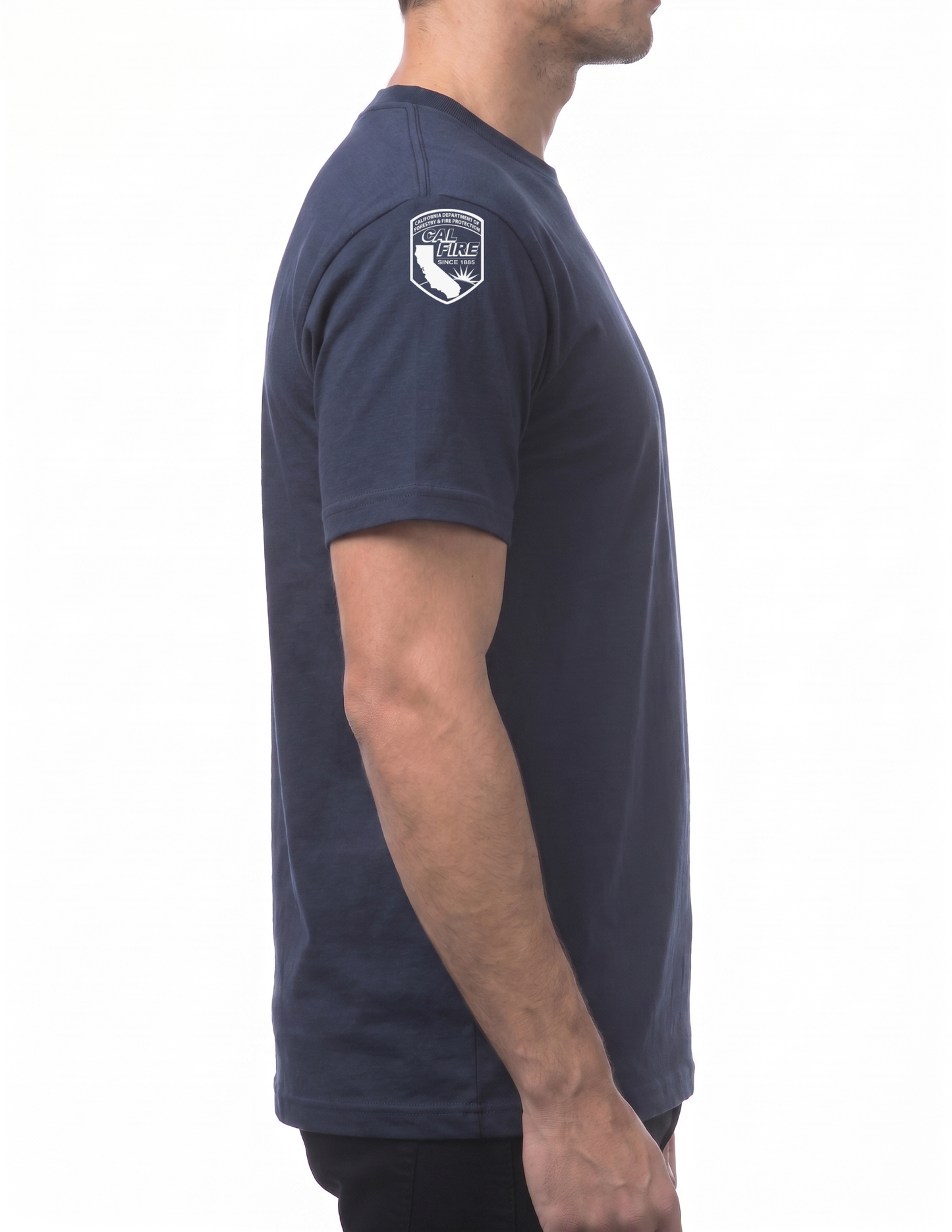 Side profile of the navy Pro Club Comfort short-sleeve CAL FIRE Law Enforcement shirt showing the CAL FIRE shield printed on the shoulder