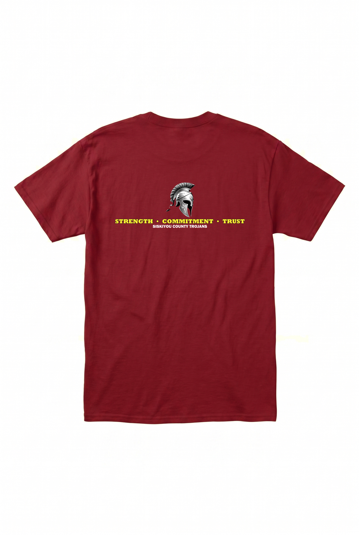 Siskiyou Trojans "Strength · Commitment · Trust" Tee in Cardinal, back view