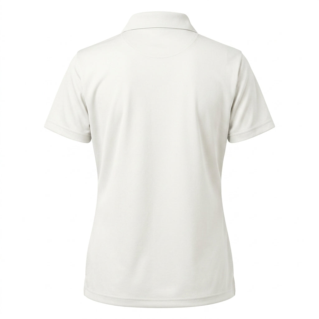 Siskiyou Trojans SCT crest on White ladies-polo (back view)