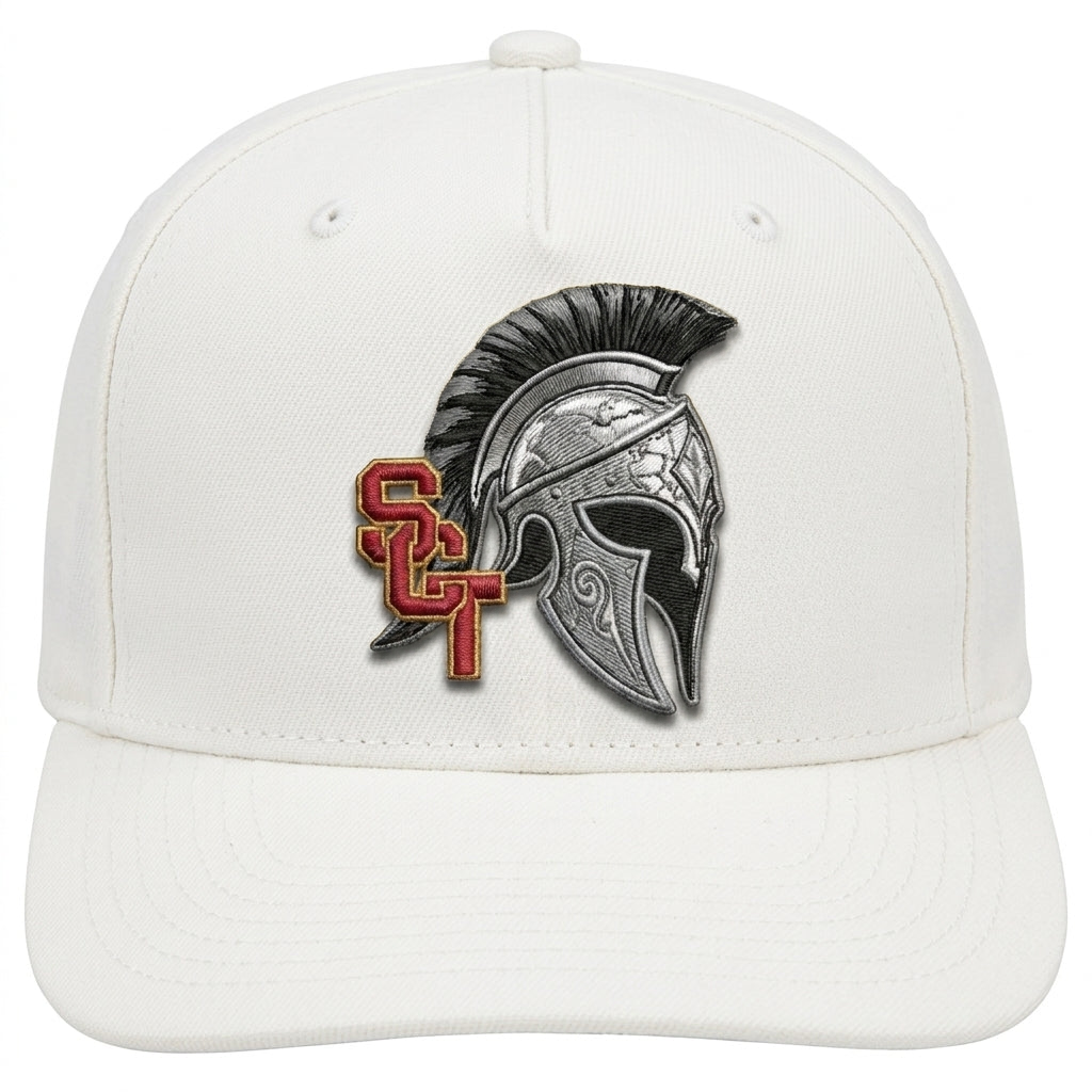Siskiyou Trojans SCT crest on White 5-Panel Pro snapback (front view)