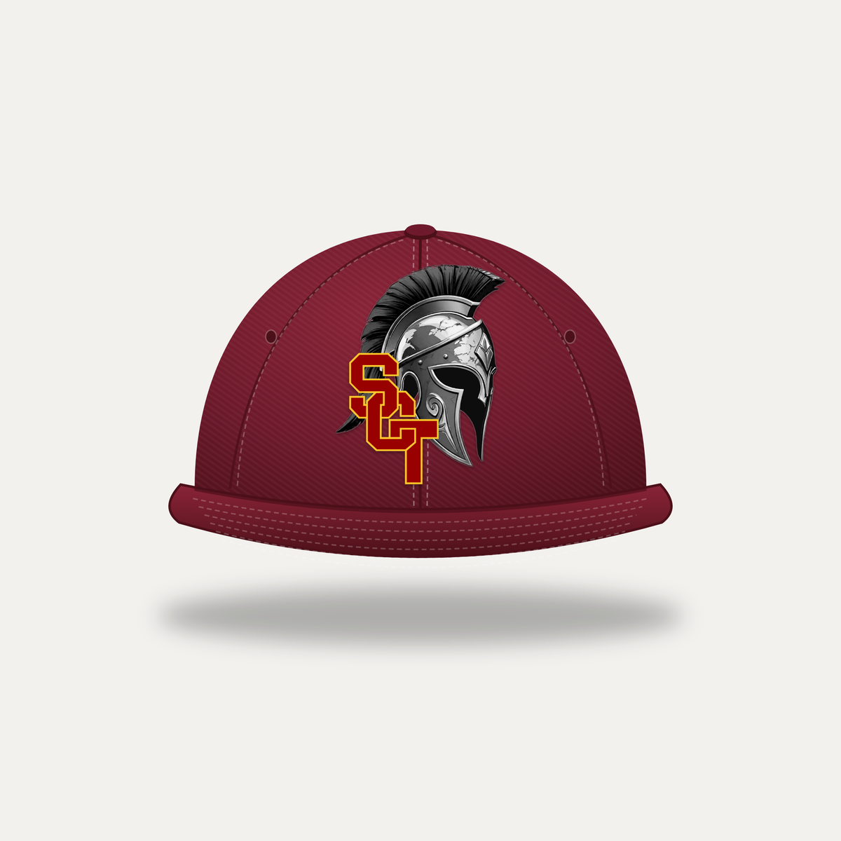 Siskiyou Trojans structured snapback in maroon, front view, with the Trojan helmet and interlocking SCT logo on the front panels