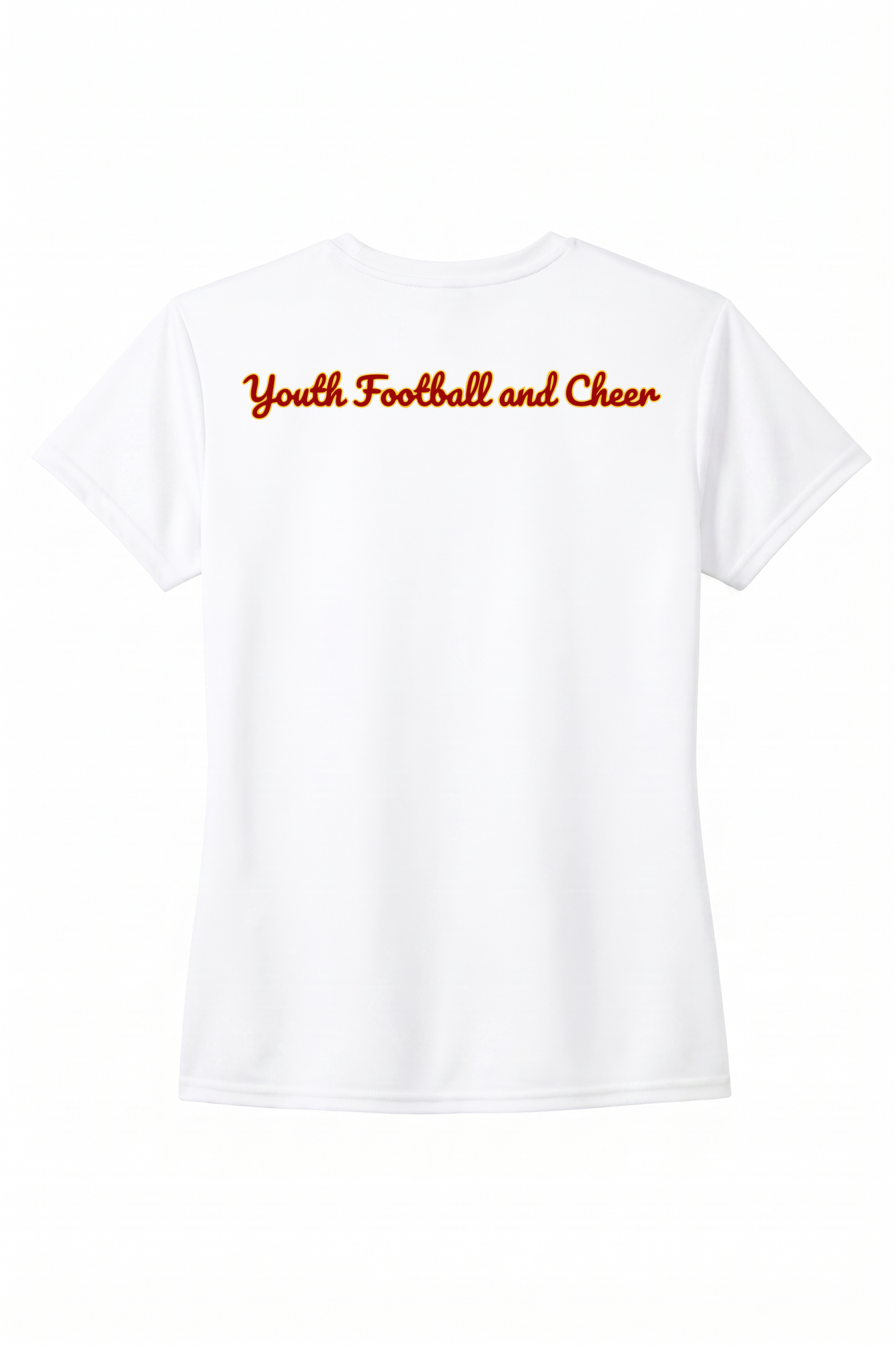 Siskiyou Trojans ladies A4 short sleeve performance crew in white, back view, with Youth Football and Cheer across the upper back in the team script
