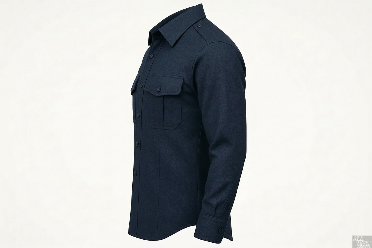 Side profile of the navy wool long-sleeve shirt showing the pocket flap, shoulder seam, and long sleeve.