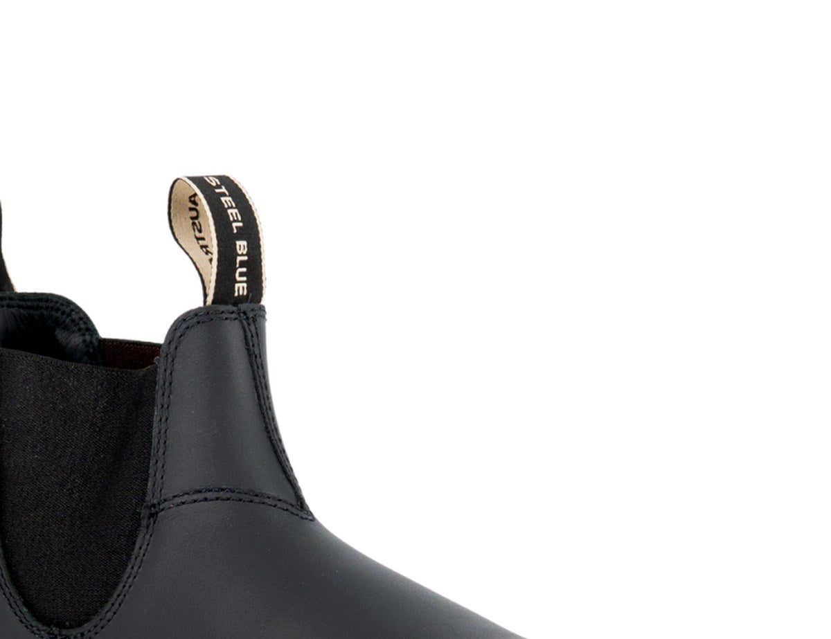 Steel Blue Hobart men's square-toe boot — close-up of the side elastic gusset and twin beige pull tabs at the back of the boot.