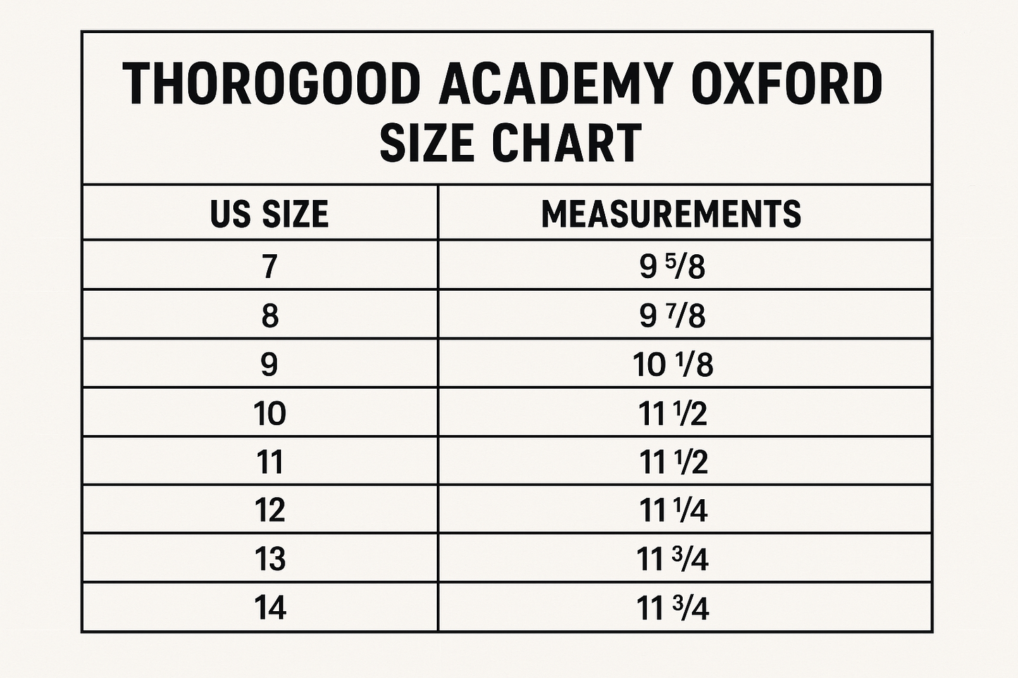 Thorogood Oxford Shoes Size Chart