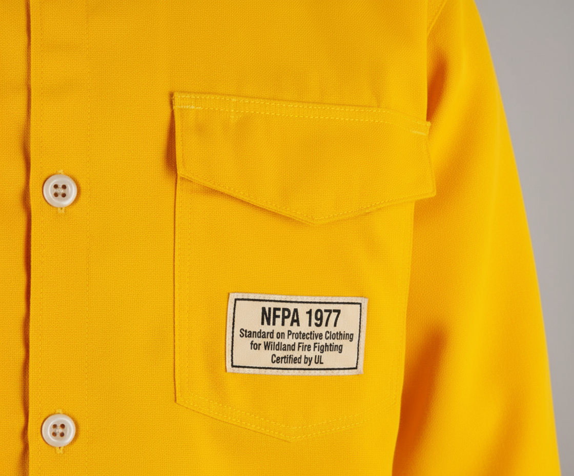 VFT Brush Shirt Pro - Close-up of Tecasafe Fabric and NFPA 1977 Certification Label