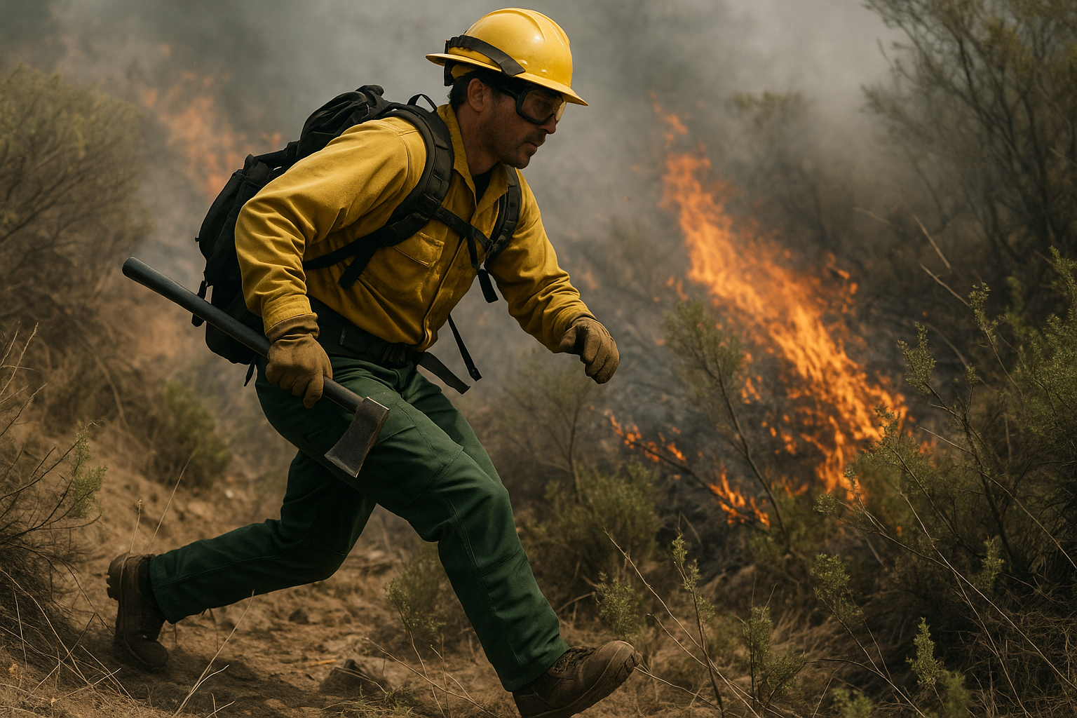 Wildland firefighter wearing VFT Nomex brush pants during wildfire operations
