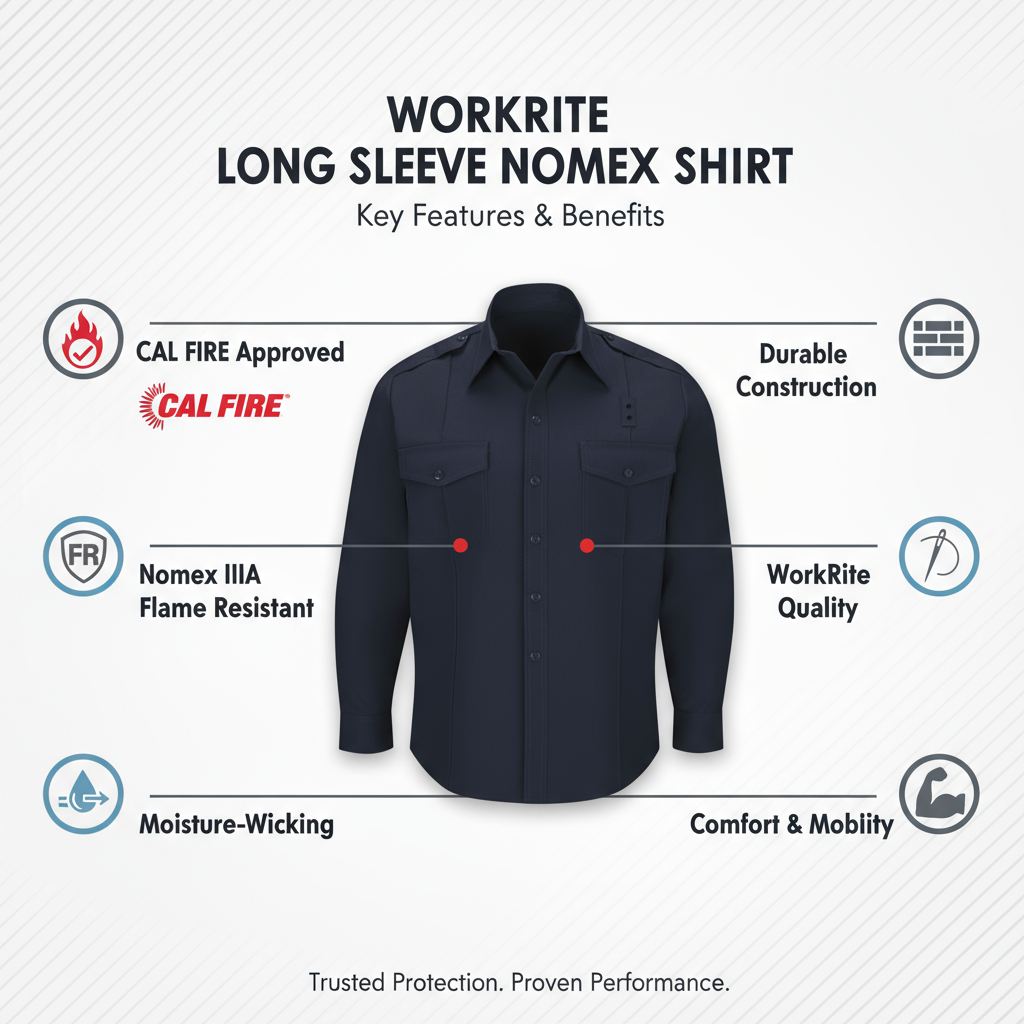 WorkRite Long Sleeve Nomex shirt midnight navy features - CAL FIRE approved, Nomex IIIA, flame resista