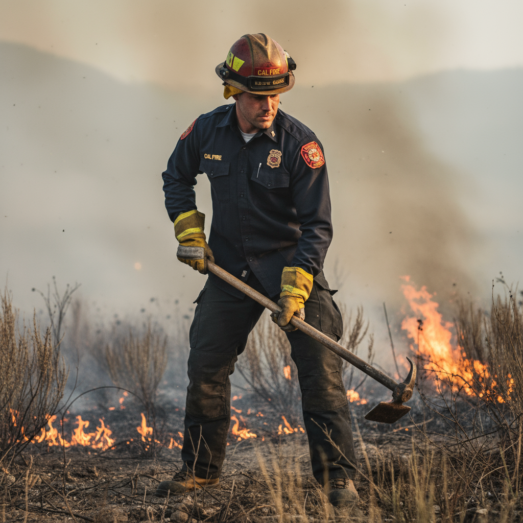 Cal Fire wildland firefighter wearing WorkRite Long Sleeve Nomex shirt in midnight navy during operations