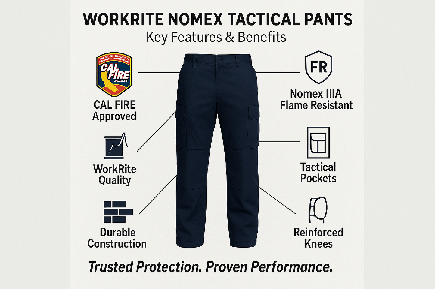 WorkRite Nomex Tactical Pants features infographic - CAL FIRE approved, Nomex IIIA flame resistant, tactical pockets, reinforced knees, durable construction