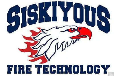 Embroidered patch Siskiyous Fire Technology program emblem College of the Siskiyous, showing fierce eagle head red flames on a navy and gray shield — representing hands-on fire training, firefighter education, and emergency response skills.