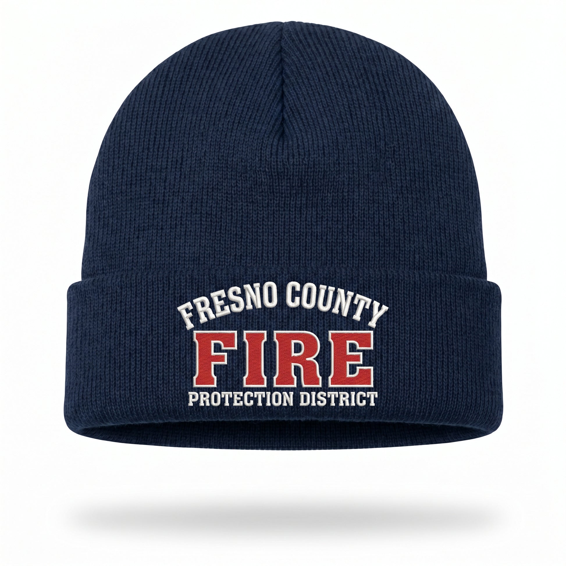 Navy cuffed knit beanie embroidered with the Fresno County Fire Protection District logo