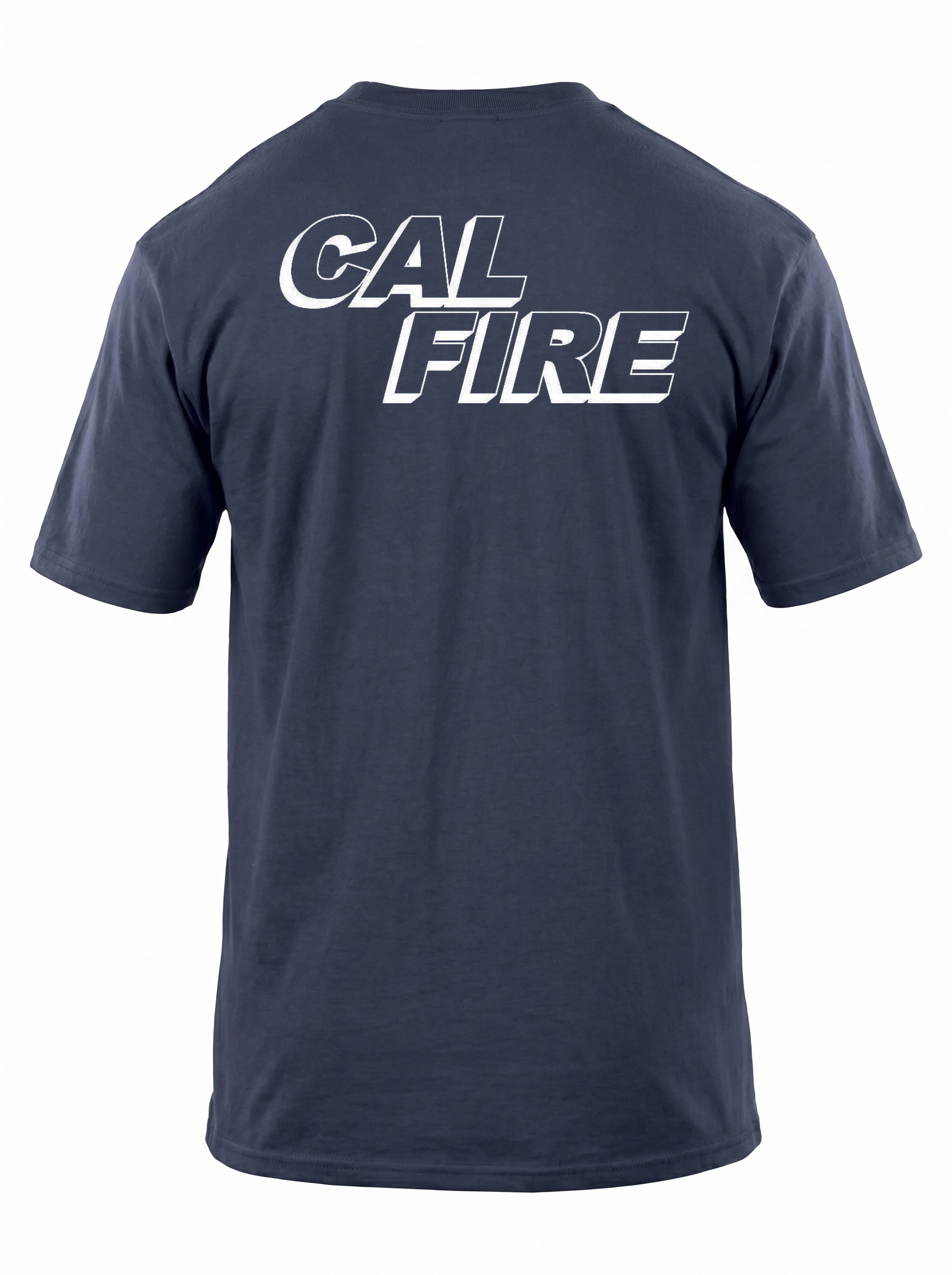 Fire Navy 5.11 Station Wear short-sleeve CAL FIRE t-shirt — back view with the large white CAL FIRE logo across the upper back.