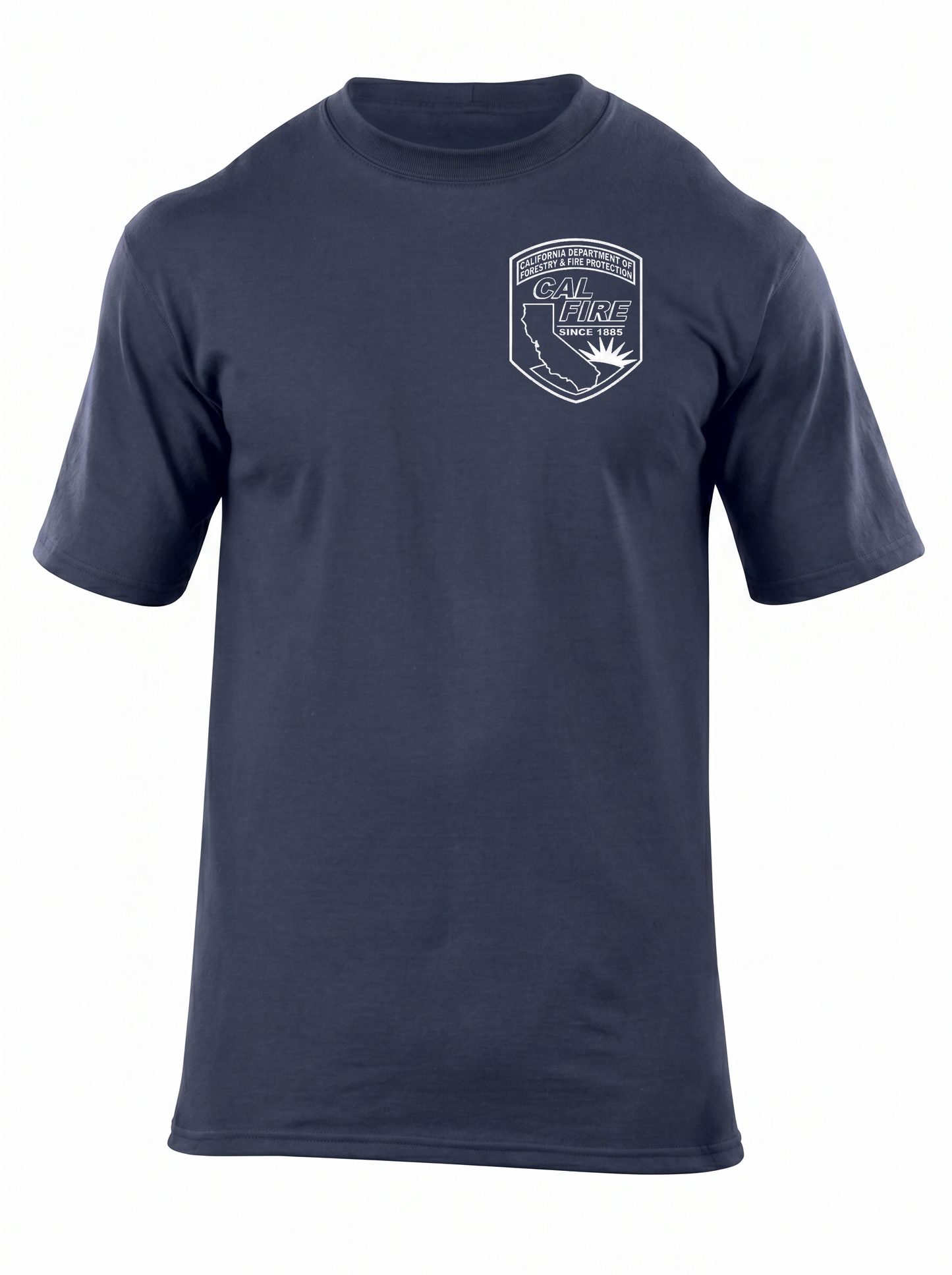 Fire Navy 5.11 Station Wear short-sleeve CAL FIRE t-shirt — front view with the official CAL FIRE arrowhead shield patch on the left chest.