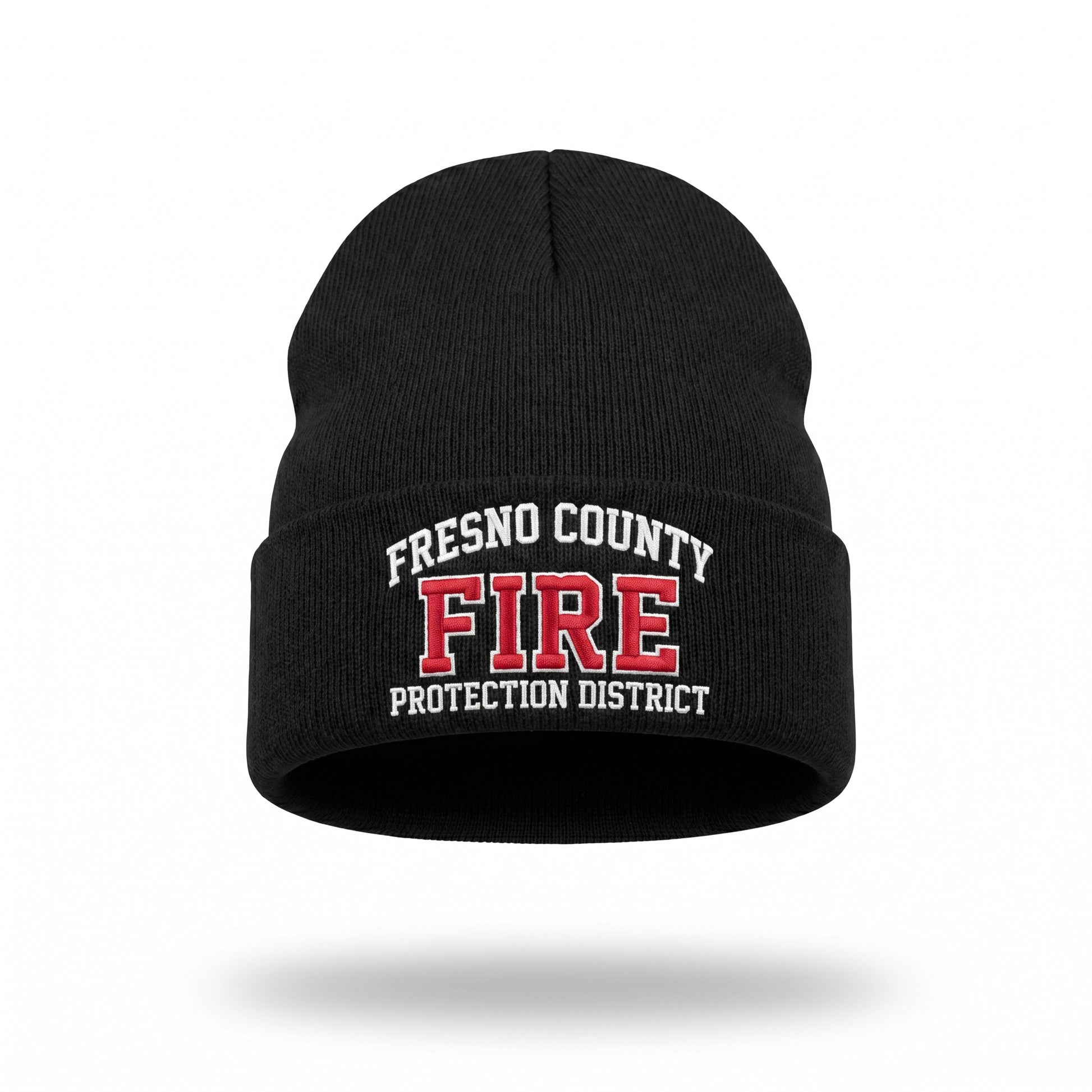 Black cuffed knit beanie embroidered with the Fresno County Fire Protection District logo