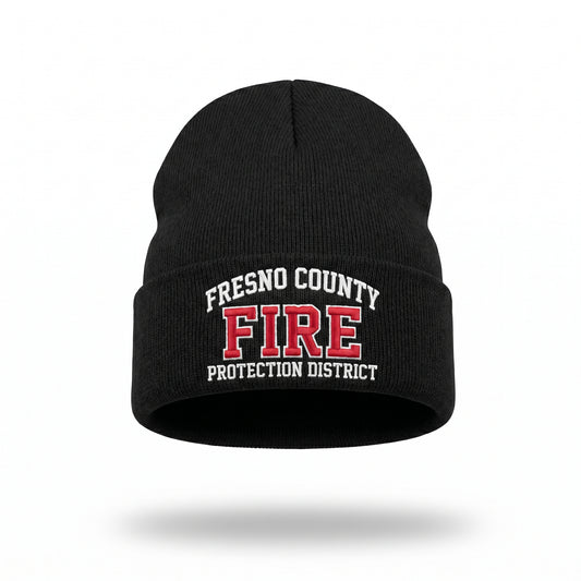 Black cuffed knit beanie embroidered with the Fresno County Fire Protection District logo