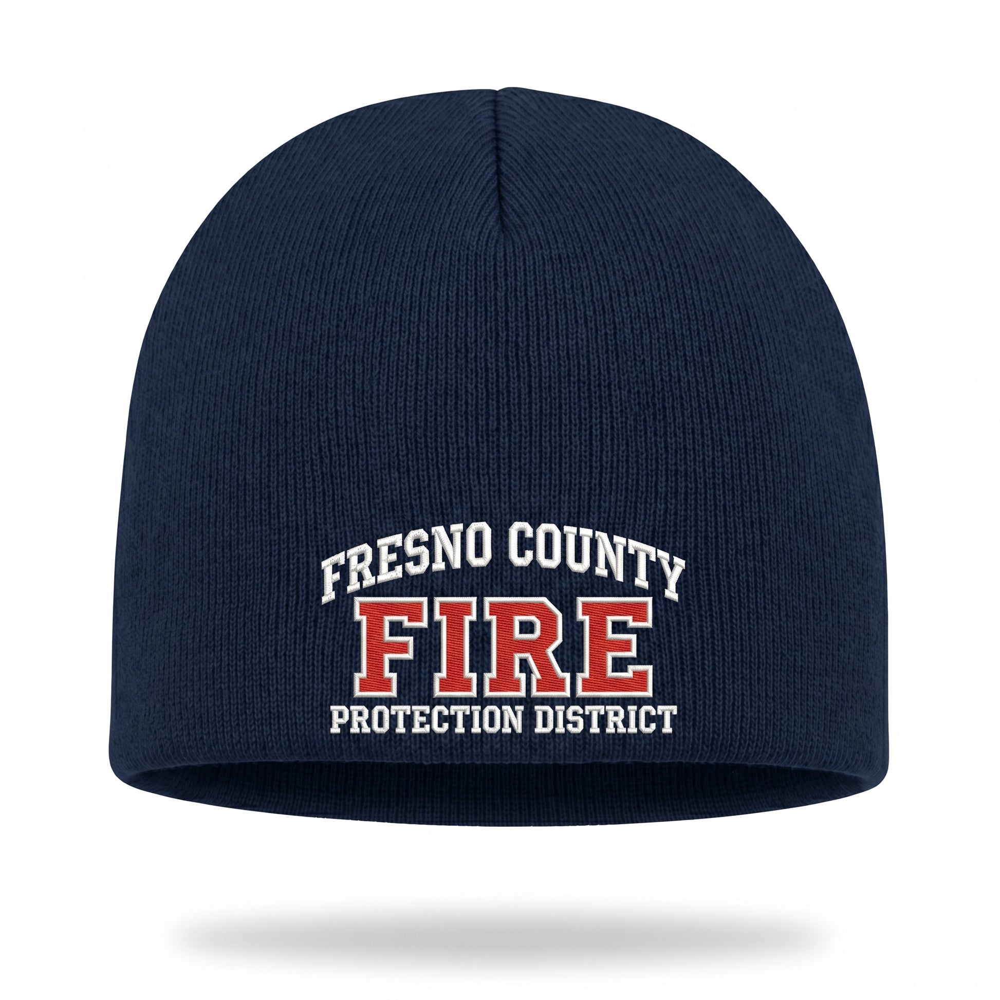 Navy uncuffed skull cap beanie embroidered with the Fresno County Fire Protection District logo