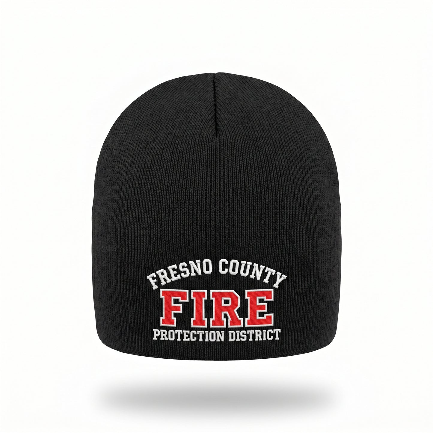 Black uncuffed skull cap beanie embroidered with the Fresno County Fire Protection District logo