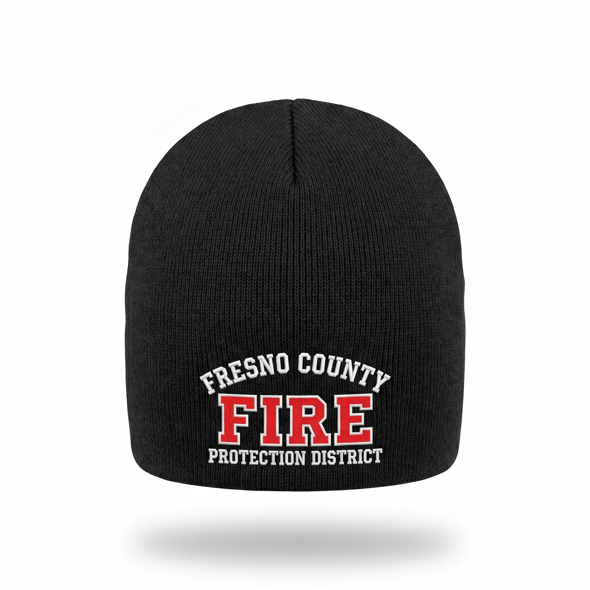 Black uncuffed skull cap beanie embroidered with the Fresno County Fire Protection District logo