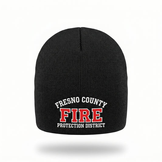 Black uncuffed skull cap beanie embroidered with the Fresno County Fire Protection District logo