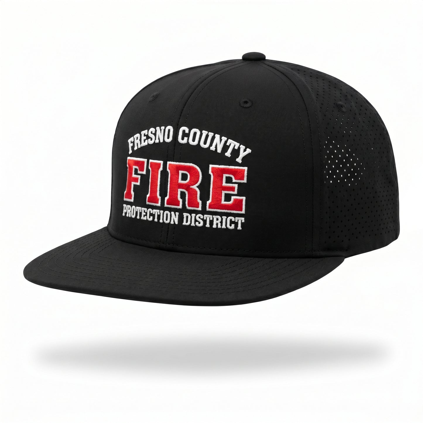 Black laser-vented 7-panel flat bill hat embroidered with the Fresno County Fire Protection District logo