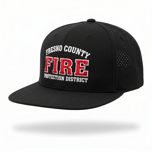 Black laser-vented 7-panel flat bill hat embroidered with the Fresno County Fire Protection District logo
