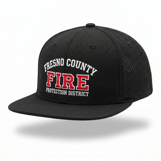 Black laser-vented 5-panel flat bill hat embroidered with the Fresno County Fire Protection District logo