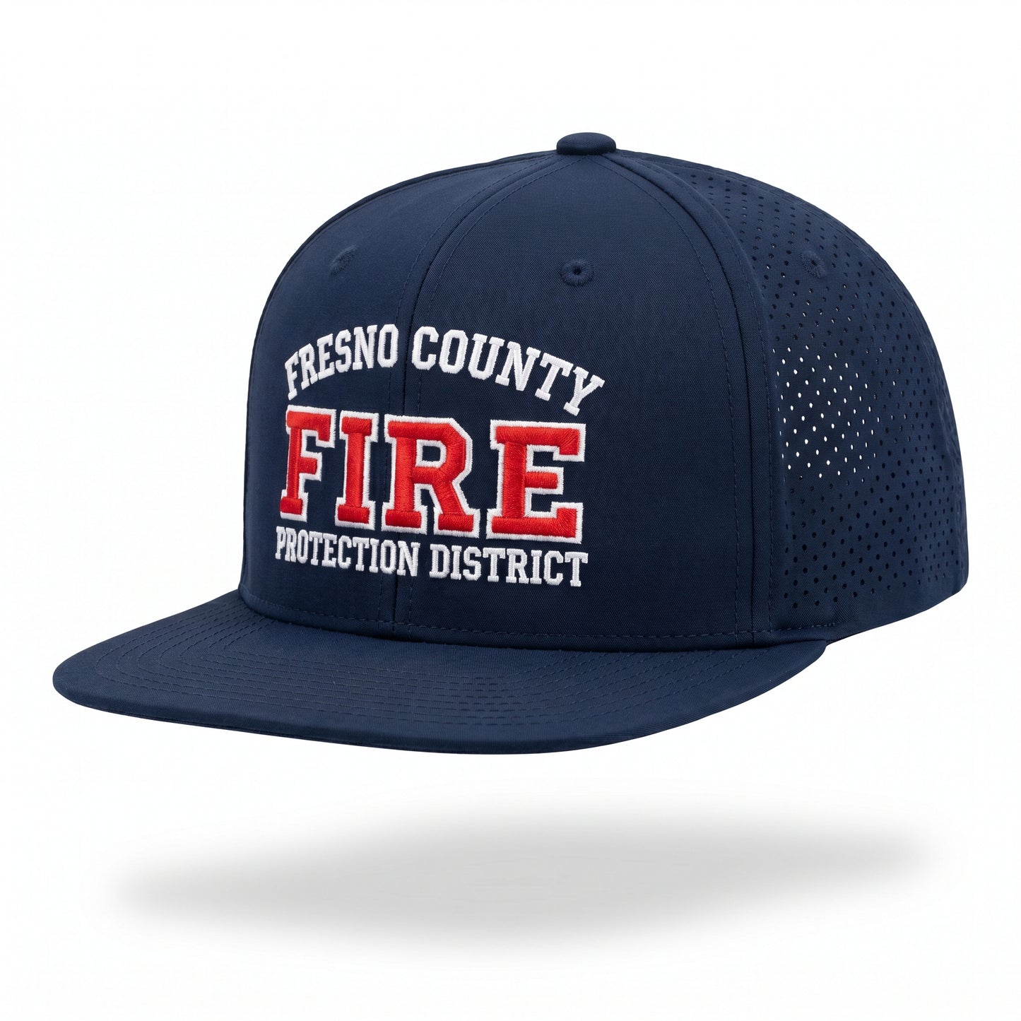 Navy laser-vented 7-panel flat bill hat embroidered with the Fresno County Fire Protection District logo