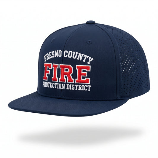Navy laser-vented 7-panel flat bill hat embroidered with the Fresno County Fire Protection District logo