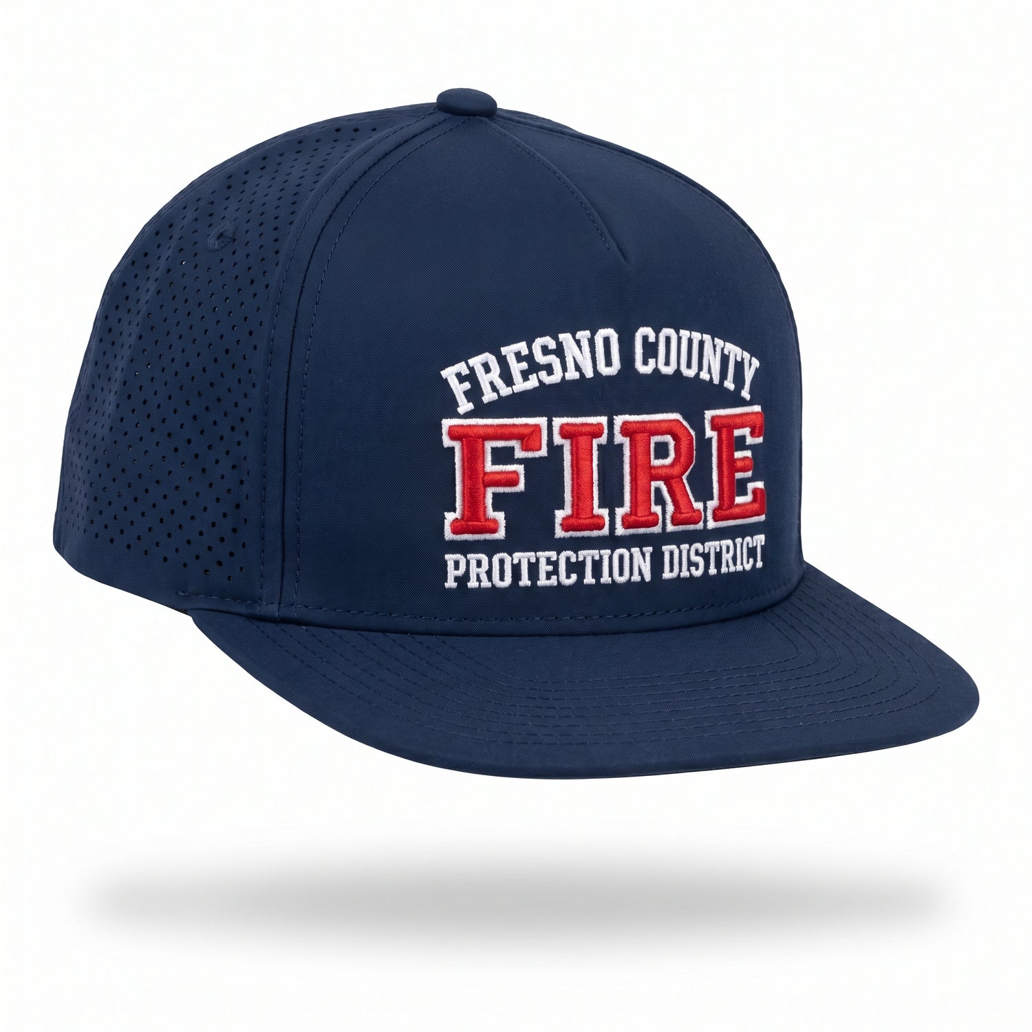 Navy laser-vented 5-panel flat bill hat embroidered with the Fresno County Fire Protection District logo