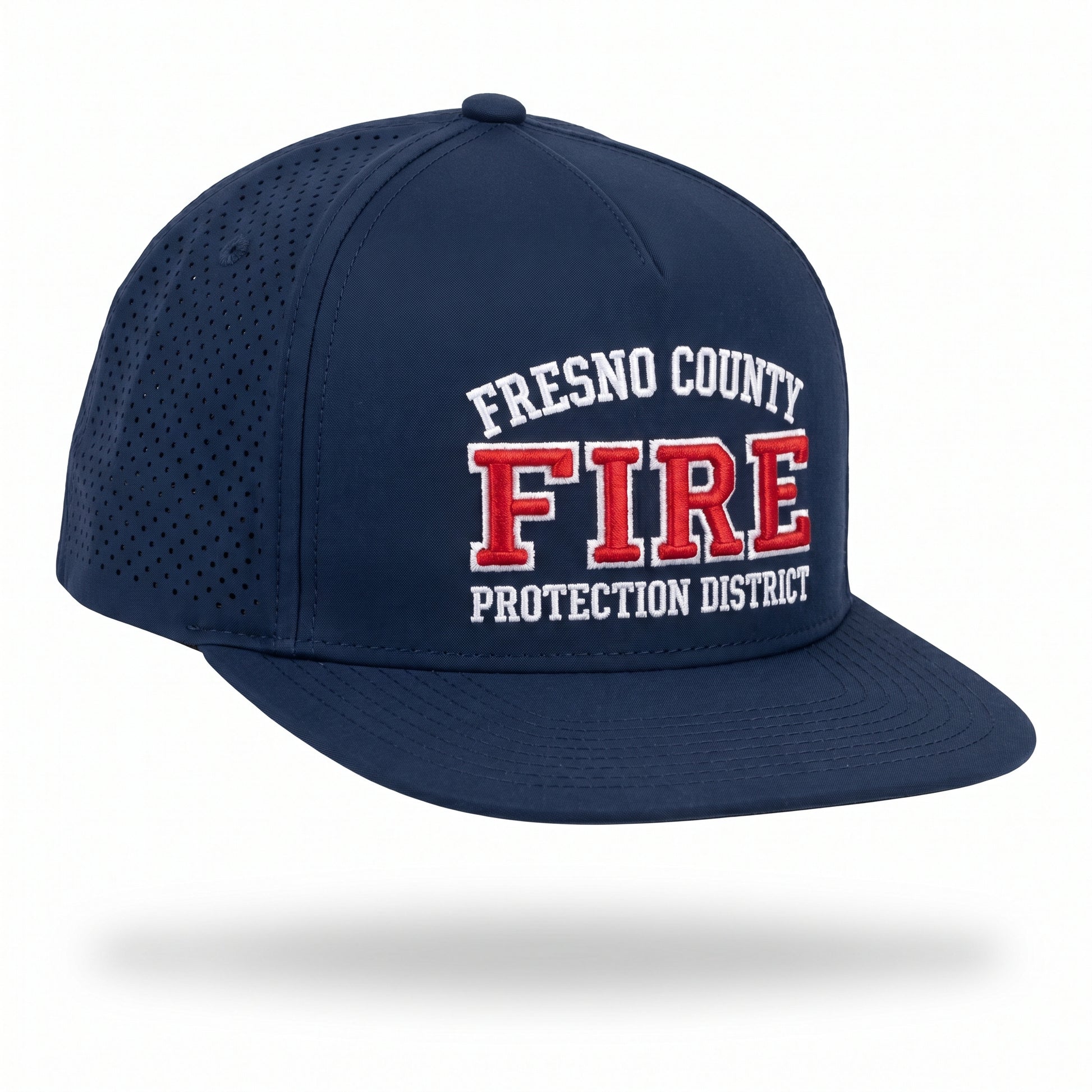 Navy laser-vented 5-panel flat bill hat embroidered with the Fresno County Fire Protection District logo