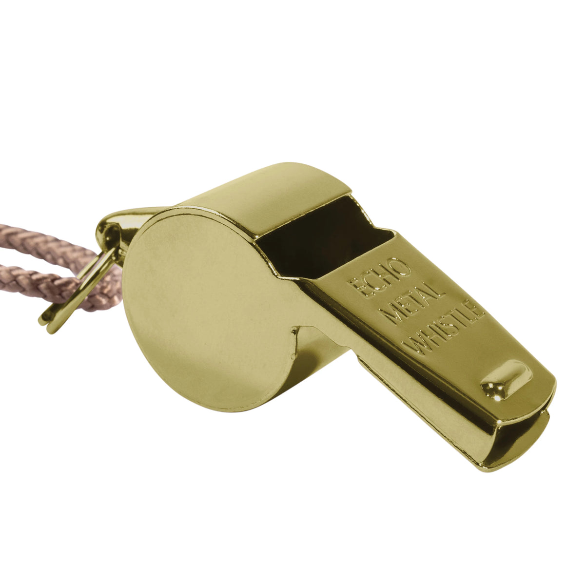 Brass Rothco GI Style police whistle engraved ECHO METAL WHISTLE, with braided lanyard, close-up