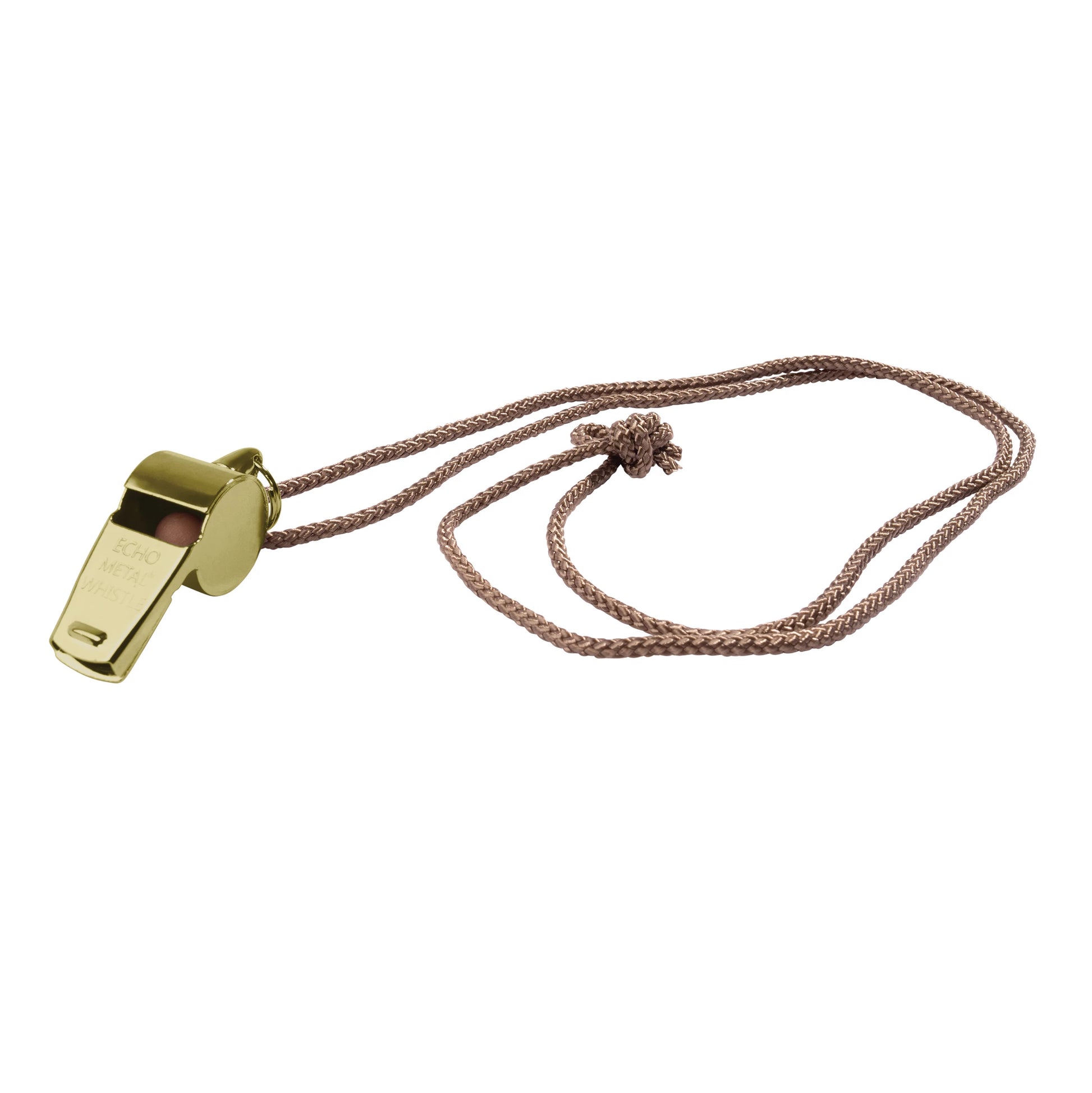 Brass Rothco GI Style police whistle with full 30-inch braided neck lanyard coiled