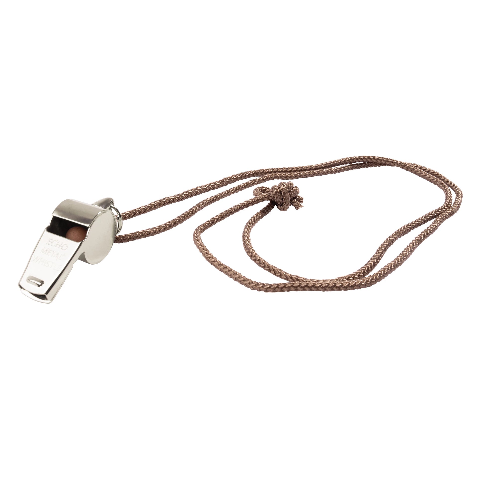 Silver Rothco GI Style police whistle with full 30-inch braided neck lanyard coiled